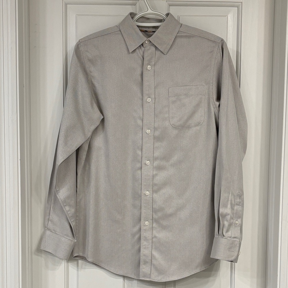 Easy Care Gold Label Boy’s Gray Herringbone Button Down Long Sleeve Cotton Shirt